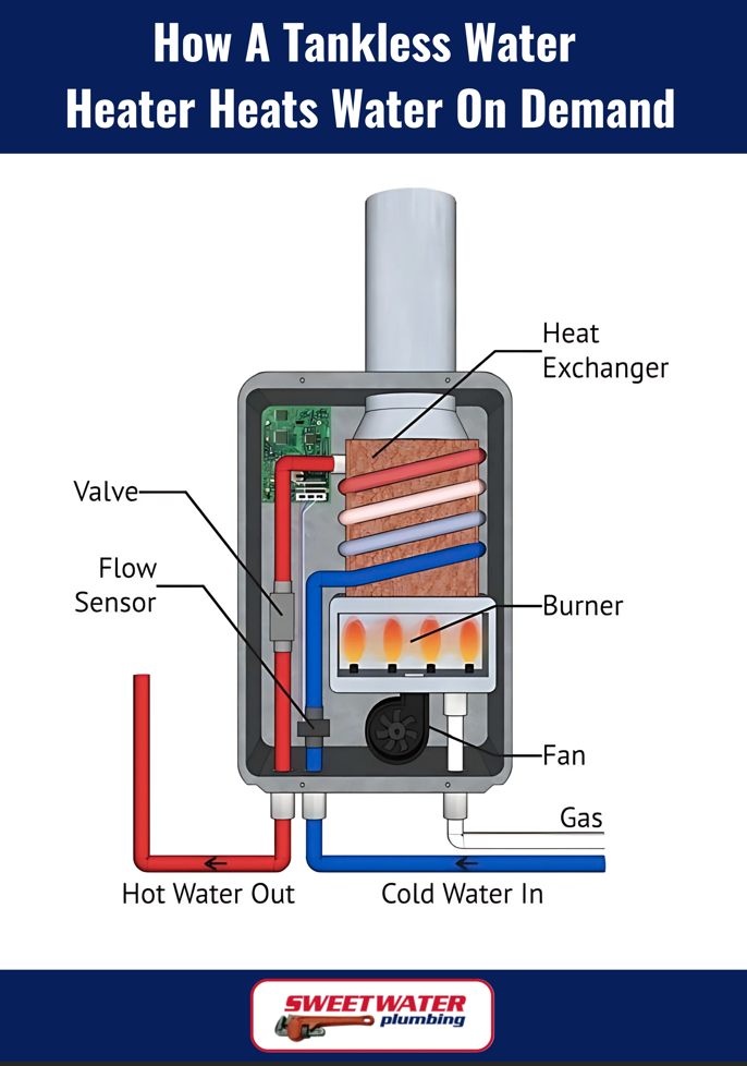 Infographic showing how a tankless water heater heats water on demand.