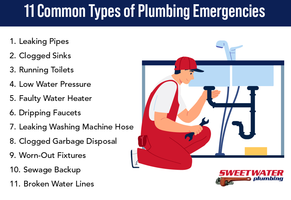 Infographic listing common plumbing emergencies like burst pipes, gas leaks, and slab leaks.