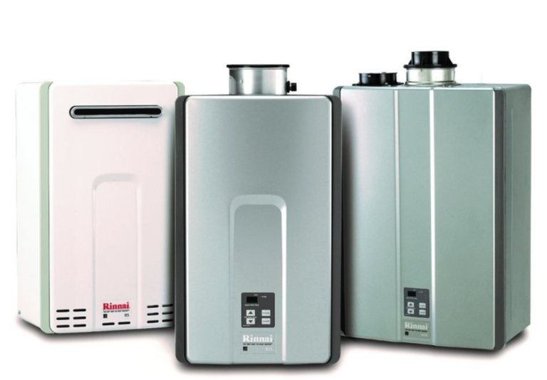 Various water heater models on display