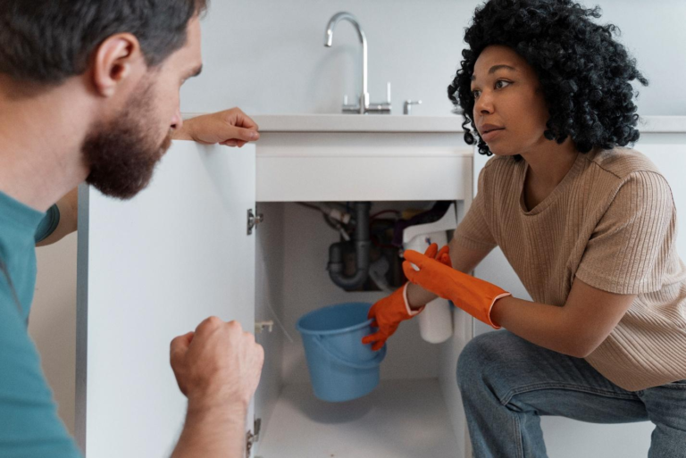 Homeowners inspecting a leak under the kitchen sink with a bucket placed to catch dripping water