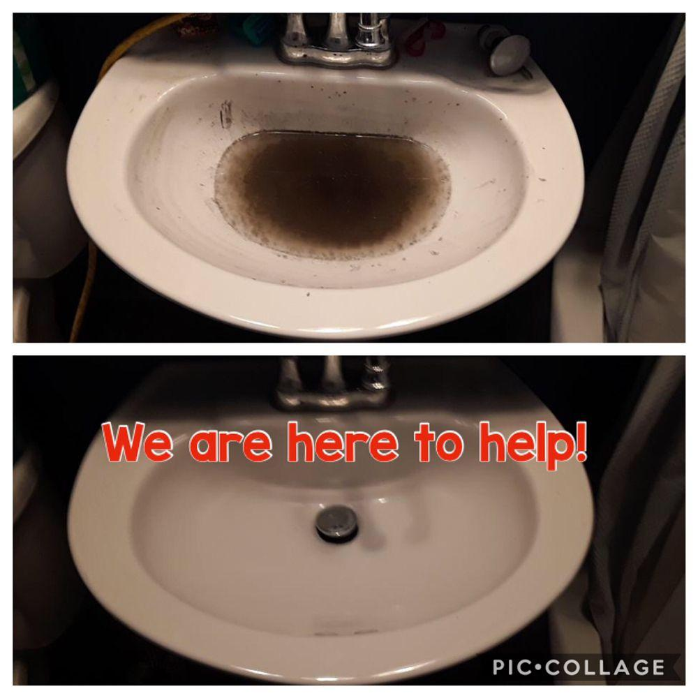 Before and after images of a bathroom sink with sewage backup and cleaned results, with text “We are here to help!”