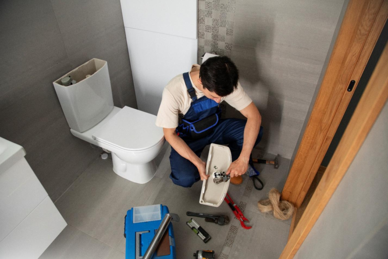 Plumber repairing toilet tank in residential bathroom