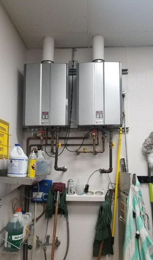 A dual tankless water heater unit.