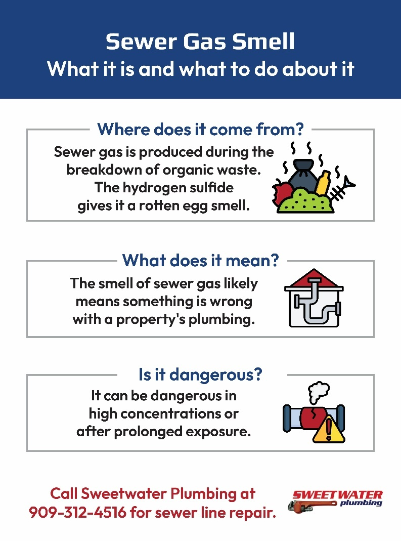 Infographic explaining sewer gas smell, its causes, and safety steps.