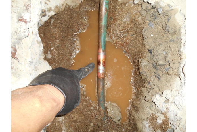 A plumber pointing at the leak.