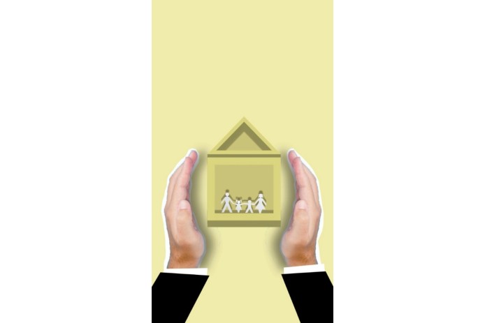 Two hands forming a protective gesture around a house icon with a family of four inside, symbolizing home security and family protection.